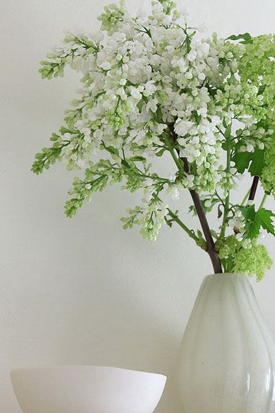 white and green floral branches in white ceramic vase