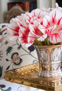 Red & White Tulips in Silver Vase
