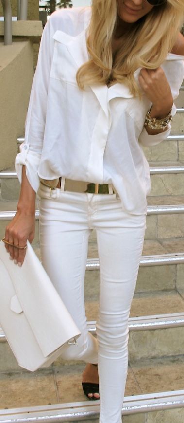 2015 Spring Fashion White Jeans and Blouse