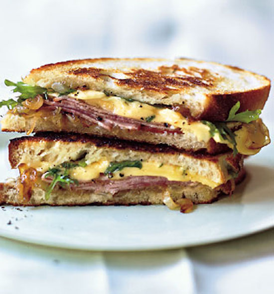 Leftover Ham Recipe - GRILLED HAM AND GOUDA SANDWICHES WITH FRISÉE AND CARAMELIZED ONIONS