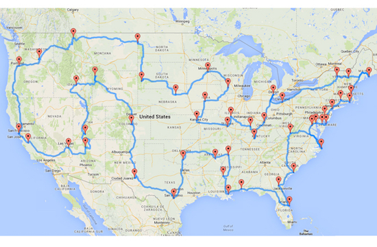 US Road Trip Map Across 48 Continental States 