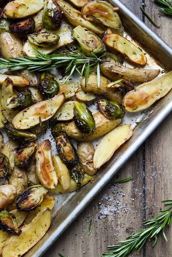 Roasted Fingerling Potatoes and Brussels Sprouts with Rosemary and Garlic
