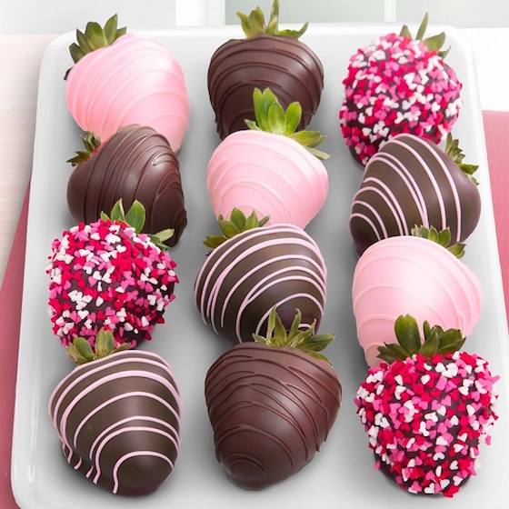 Chocolate Covered Strawberries decorated with pink heart sprinkles and more