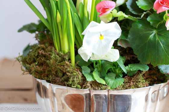 The moss helped hide the interior glass bowl for this Easter centerpiece.