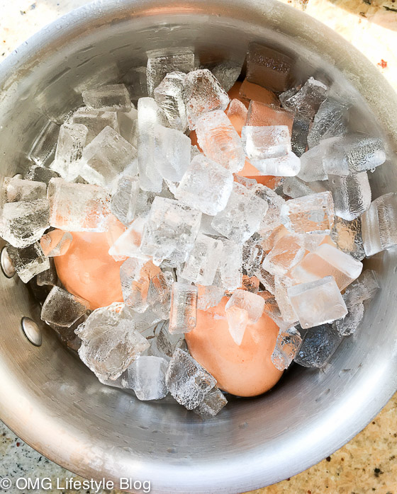 Drain water from eggs, add ice and water and let sit in ice bath for 5 minutes