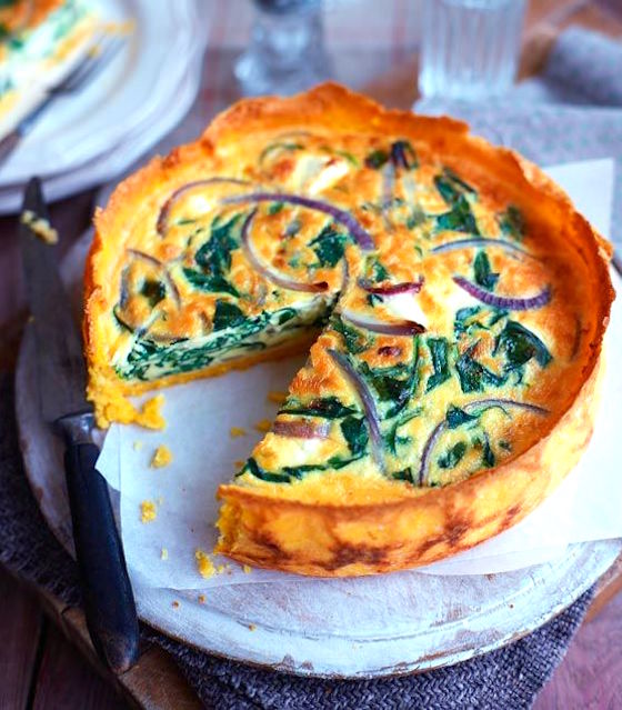 Spinach, red onion and feta quiche with a polenta and squash ‘pastry’ case.