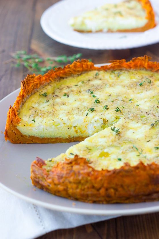 sweet potato crusted quiche with goat cheese and leeks