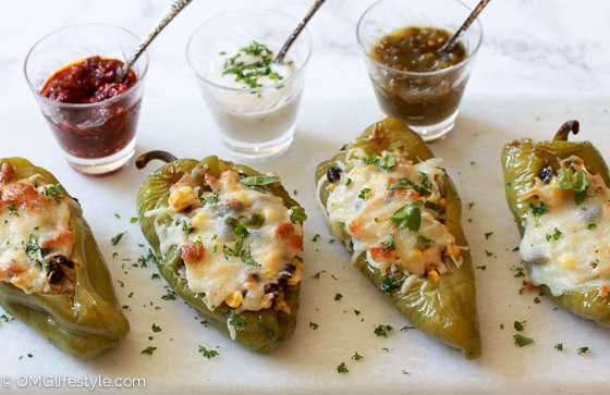 Easy Vegetarian Stuffed Poblano Peppers with a trio of sauces