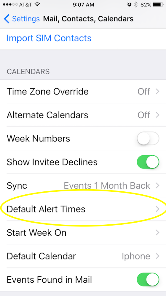Default Alert Times on iPhone