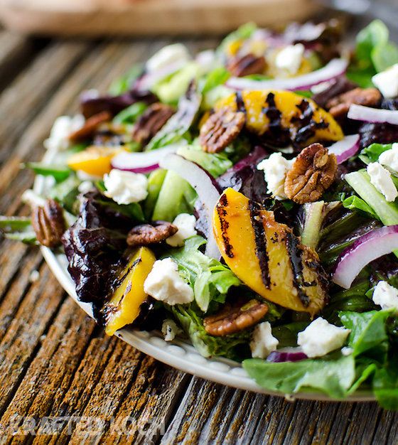Grilled Peach, Honey Goat Cheese & Spiced Pecan Salad