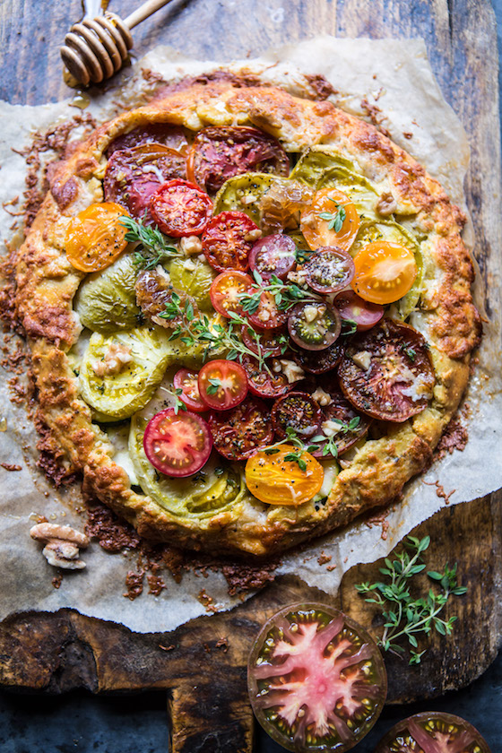 If you are lucky enough to find heirloom tomatoes at your local farmers market, make this Heirloom Tomato Galette with Honey + Thyme from Half Baked Harves.