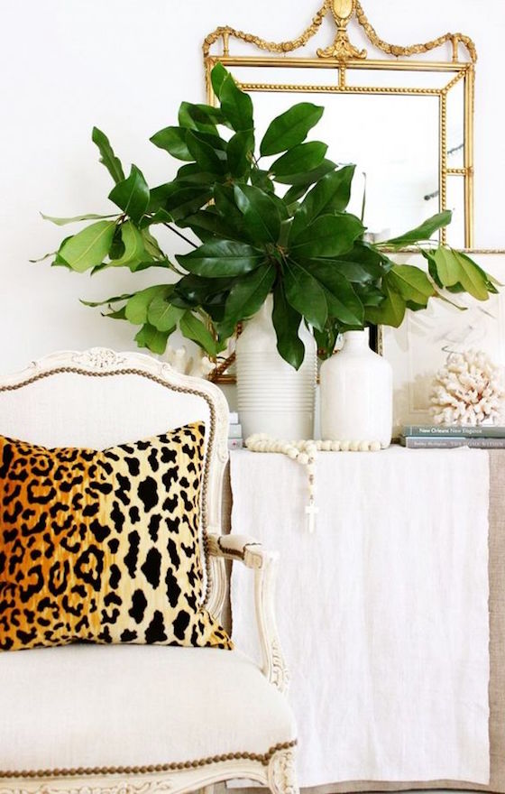 The greenery pops in this white vase against a white wall found on My Domaine. So pretty! And I love that leopard pillow! More on the blog!