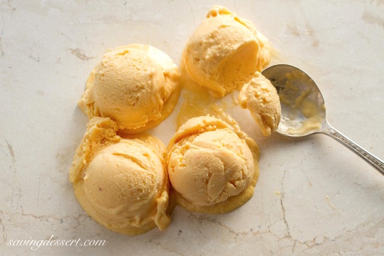 Peach sorbet made with only two ingredients per Saving Room for Dessert!
