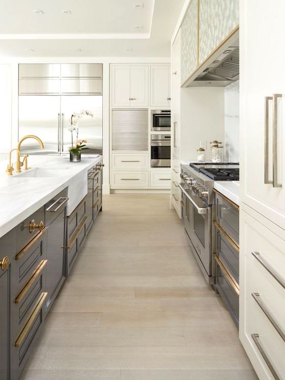 Two toned kitchen with gray and white cabinets