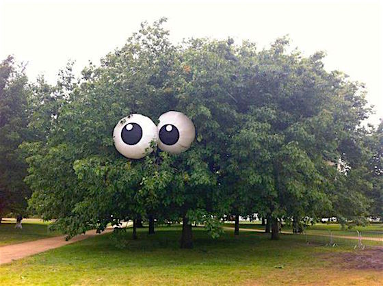 Love these beach balls in the tree for Halloween