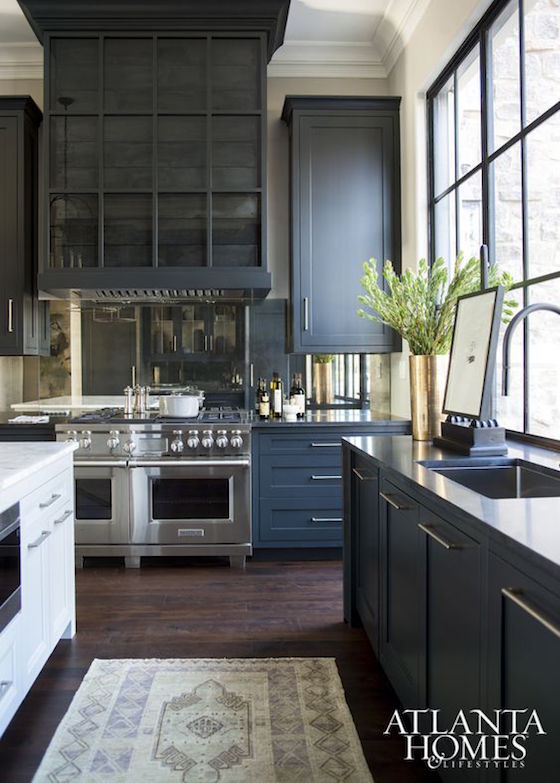 Two toned kitchen with charcoal gray and white cabinets