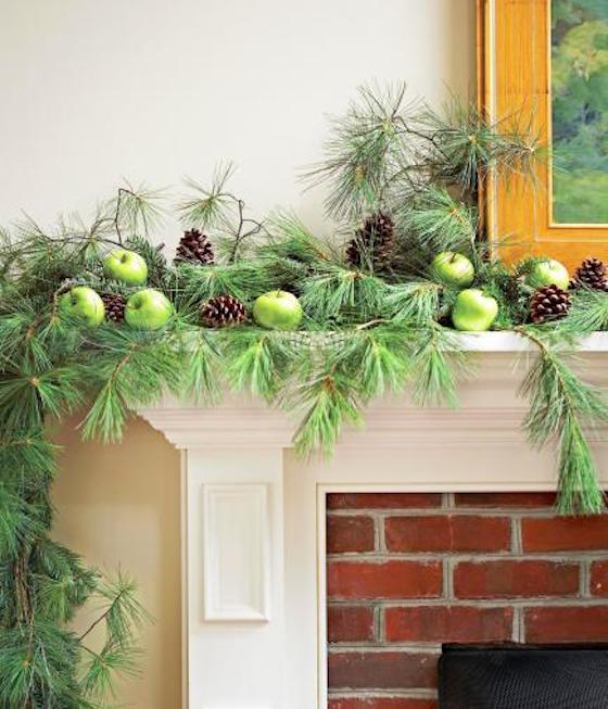 Green apple and pine cone Christmas Mantel