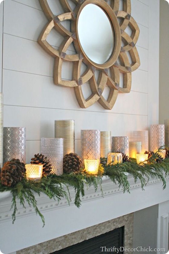 Candles and Evergreens for festive holiday mantel