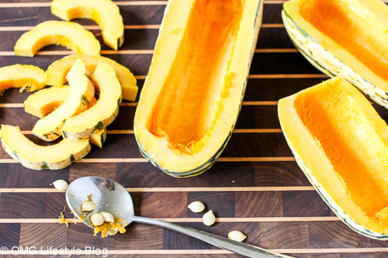 Remove seeds of delicata squash and slice in 1/2 inch thick slices for roasting