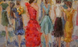 Painting of Ladies in Dresses under umbrellas