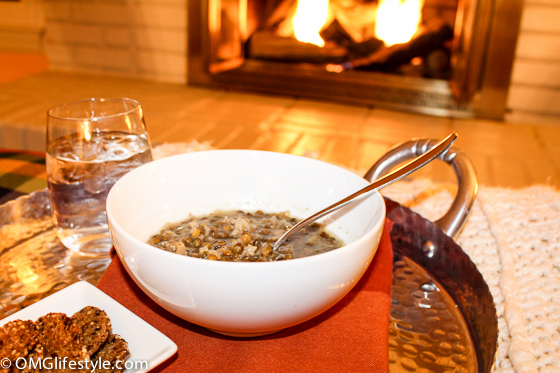 Lebanese Lentil Soup Dinner by the fireplace