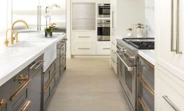 Two toned kitchen with gray and cream cabinets
