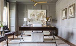 Gorgeous home office with paneled walls by Marie Flanigan