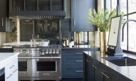 Two toned kitchen with charcoal gray and white cabinets
